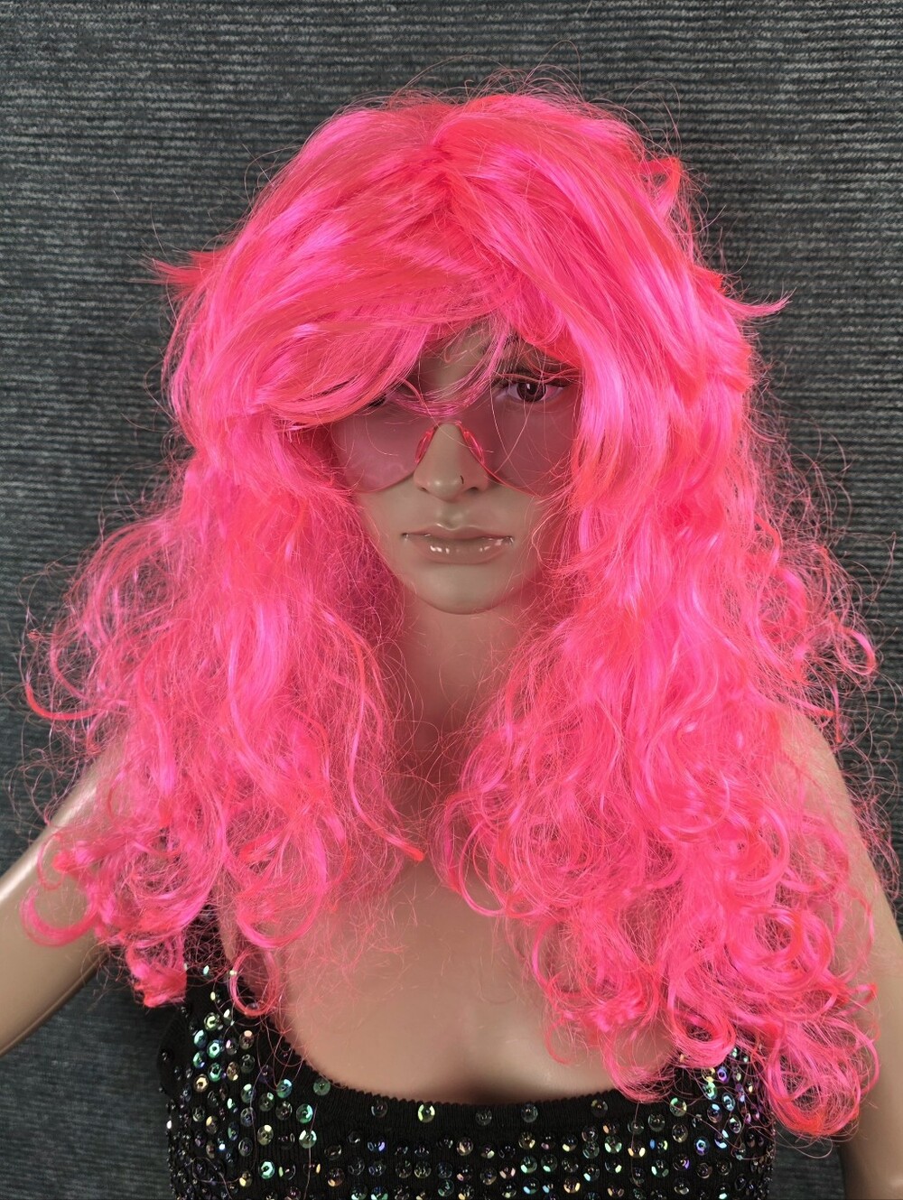 Neon Hot Pink Long Curly Costume Wig